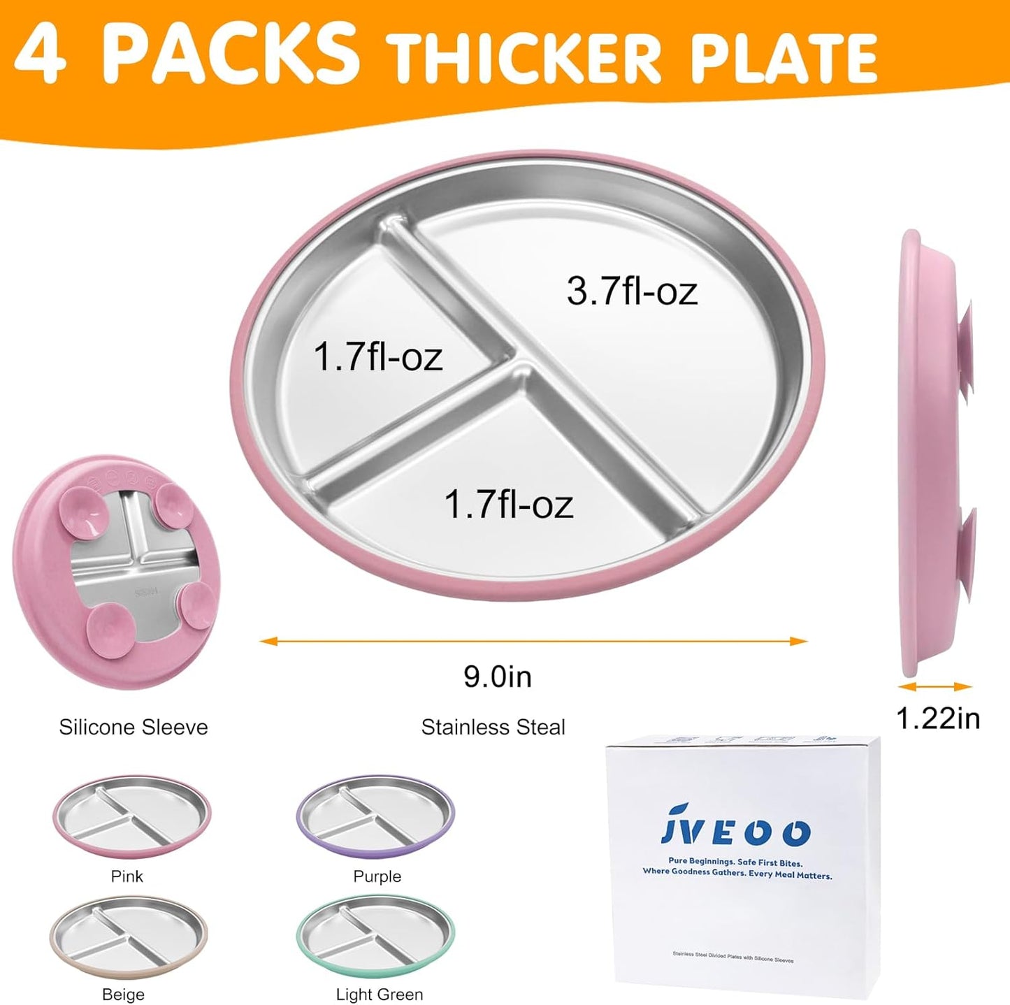 Stainless Steel Toddler Plates with Suction, 4 Pack Kids Baby Plates Set with Sturdy Silicone Suction Base Easy to Clean 9 inch