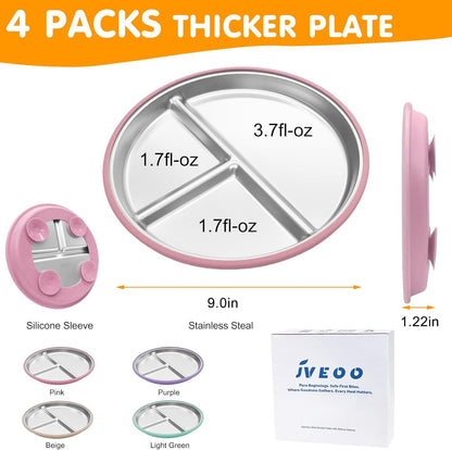 Stainless Steel Toddler Plates with Suction, 4 Pack Kids Baby Plates Set with Sturdy Silicone Suction Base Easy to Clean 9 inch