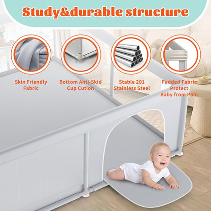 XVISHX 65 x 50 Inch Baby Playpen, Playpen for Babies and Toddlers, Baby Play Pen Playard for Indoor & Outdoor Active Center Game Fence, with Skin-Friendly Fabric and Soft Breathable Mesh, Grey