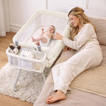 Baby Bassinet Bedside Crib for Newborn, 4-in-1 Baby Bassinet Bedside Sleeper with Mesh & Mattress, Easy Move Crib for Newborns with Lockable Wheels & Storage Basket, 4-Adjustable Height(Grey) | Bassinet with Wheels, Storage Basket, 4 Height Adjustable