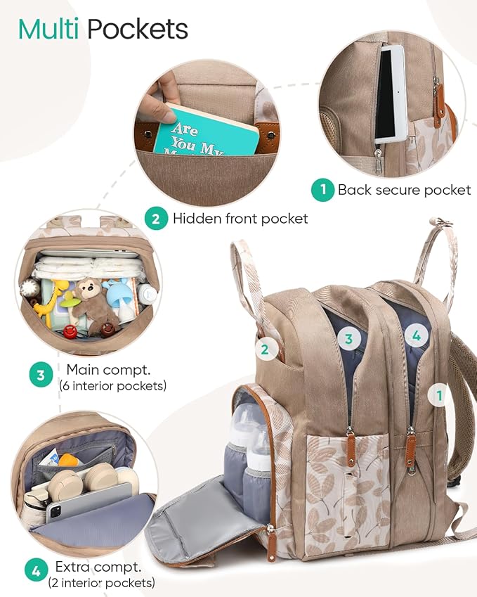 Qualyphant Extra Large Diaper Bag Backpack for Two Kids Twins - Expandable Baby Bag (26-36L), Dual Big Compartments - Includes Changing Pad & Stroller Straps, Unisex Leaf