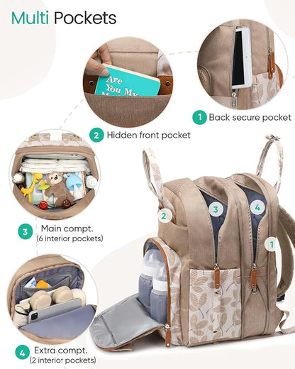 Qualyphant Extra Large Diaper Bag Backpack for Two Kids Twins - Expandable Baby Bag (26-36L), Dual Big Compartments - Includes Changing Pad & Stroller Straps, Unisex Leaf