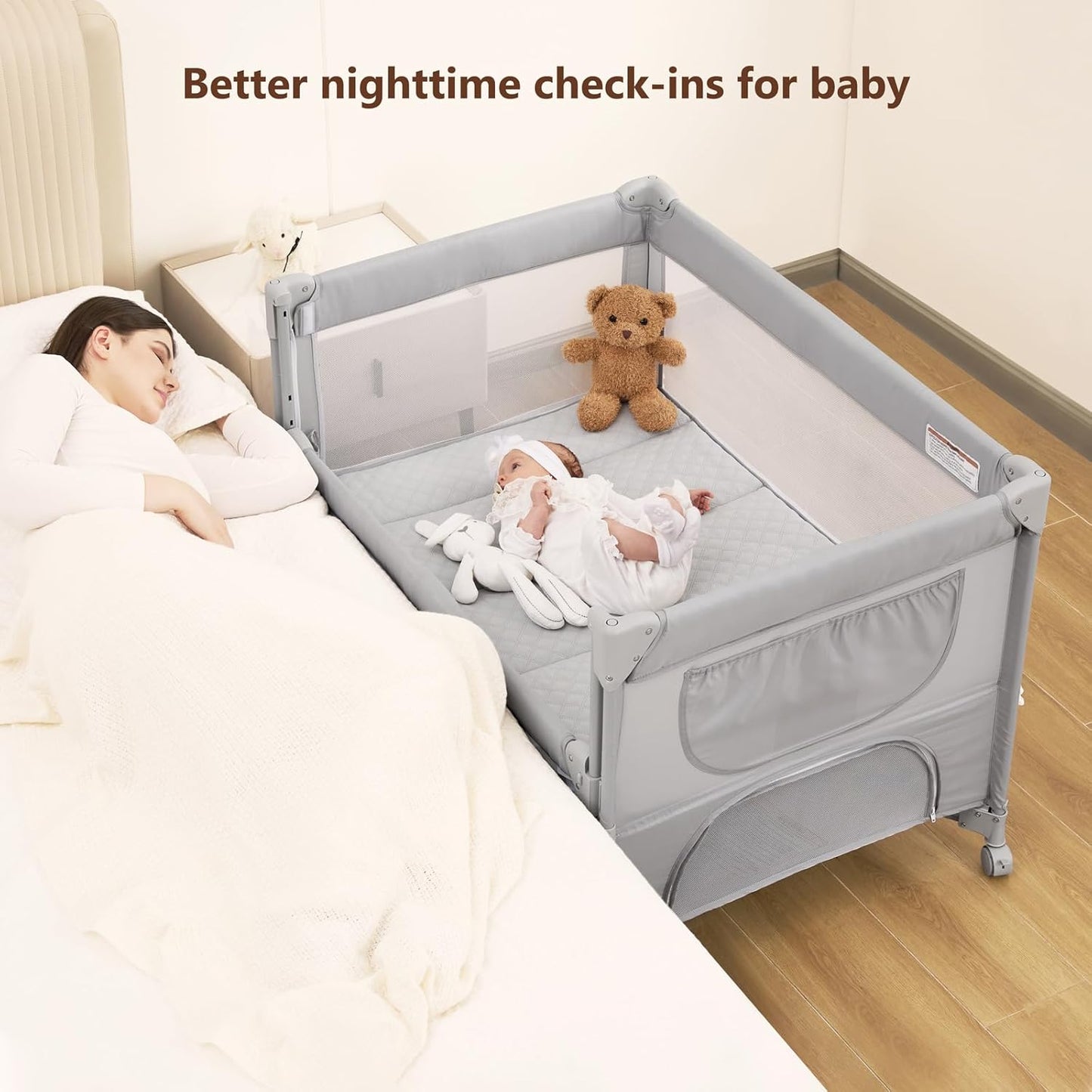 ANGELBLISS Baby Bassinet Bedside Crib, Pack and Play with Mattress, Diaper Changer, One-Push Setup Playards from Infants to Toddlers (Balck)