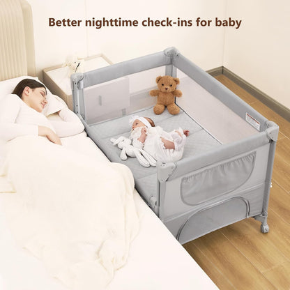 ANGELBLISS Baby Bassinet Bedside Crib, Pack and Play with Mattress, Diaper Changer, One-Push Setup Playards from Infants to Toddlers (Balck)