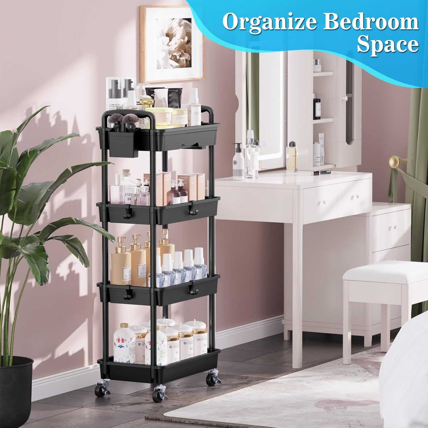 SUNALLY 3 Tier Rolling Cart with Drawer, Bathroom Storage Organizer with 2 Lockable Wheels, Multifunctional Rolling Storage Cart for Bathroom, Kitchen, Office, Craft, Makeup, Baby Essentials, White
