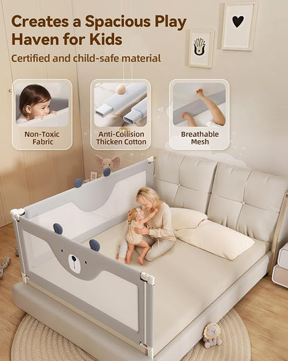 2 Piece Full Size Bed Rails for Toddlers, No-Drill Needed Baby Bed Rail Guard with Height Adjustable, Thickened Child Safety Side Railing Guards/Bedrail for Kids,Grey Bear Cute Design, 54x74.8Inches
