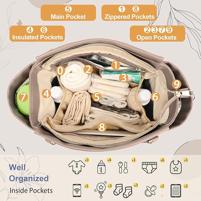 miss fong Diaper Bag Tote Leather Diaper Bag Backpack, Large Capacity Mommy Bag Hospital Bag, 12 Pockets Travel Diaper Tote with Changing Pad Pañaleras Para Bebe for Moms & Dad-Khaki