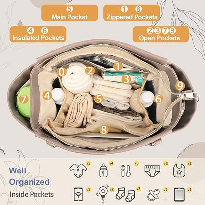 miss fong Diaper Bag Tote Leather Diaper Bag Backpack, Large Capacity Mommy Bag Hospital Bag, 12 Pockets Travel Diaper Tote with Changing Pad Pañaleras Para Bebe for Moms & Dad-Khaki