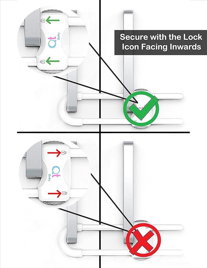 QT BABY Baby Proofing Cabinet Locks | Adjustable U Shaped Baby Safety Latches for Drawers, Fridge, Closet |Modern Baby Proofing Cabinet Lock with Extra Secure Lock Buttons (Pack of 8, White)