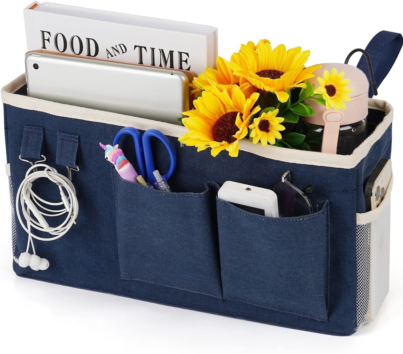 Loghot Bedside Caddy/Bedside Storage Bag Hanging Organizer for Bunk and Hospital Beds,Dorm Rooms Bed Rails,Can be Placed Glasses,Books,Mobile Phones,Keys (White)