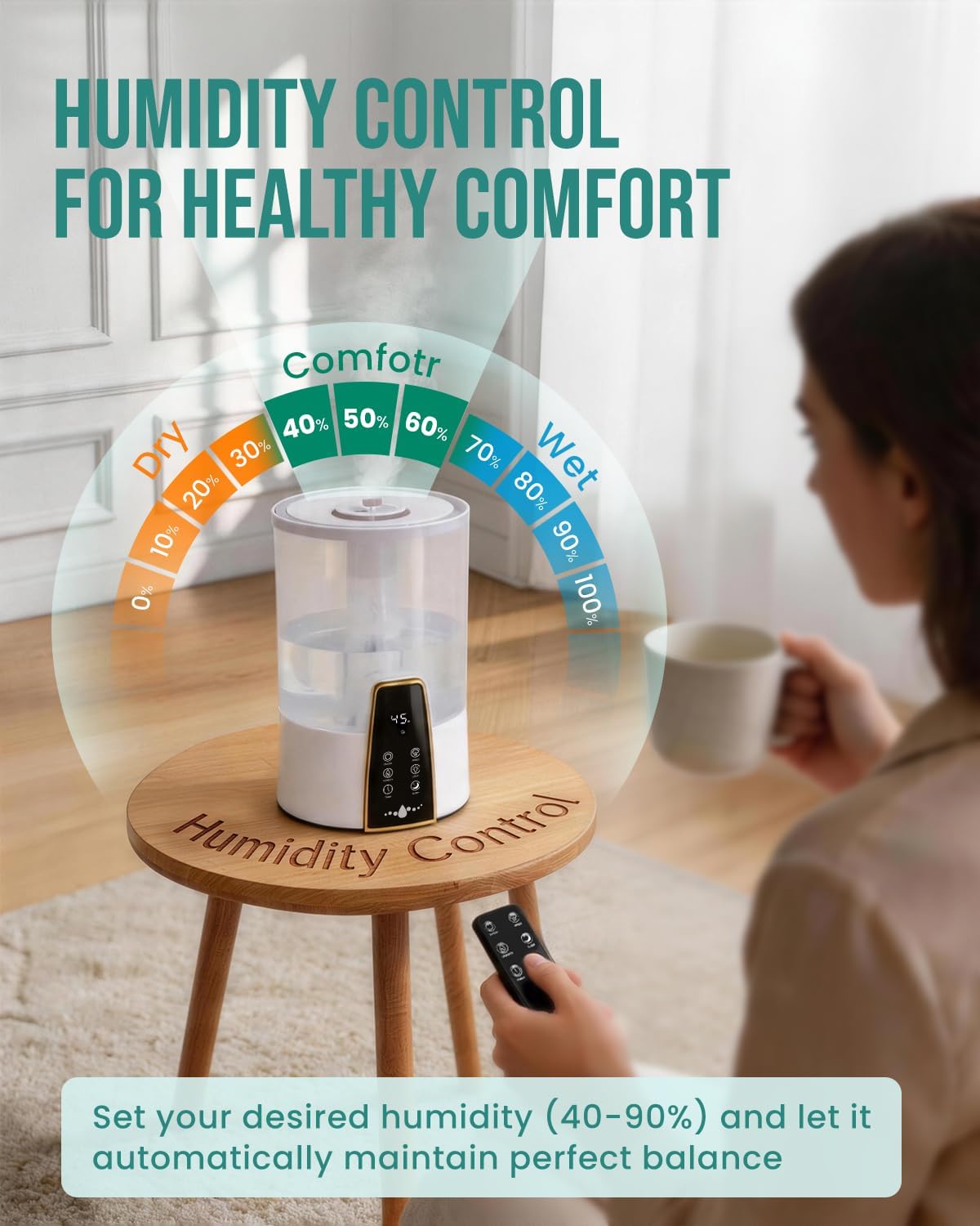 YOKEKON Humidifiers for Bedroom,1.06Gal(4L) Dishwasher Safe Design Easy to Clean,Top Fill,Night Light,Aroma Diffuser,Humidity Control,12H Timer,Sleep Mode,3 Level Mist,360° Nozzle,Home,Nursery,Black