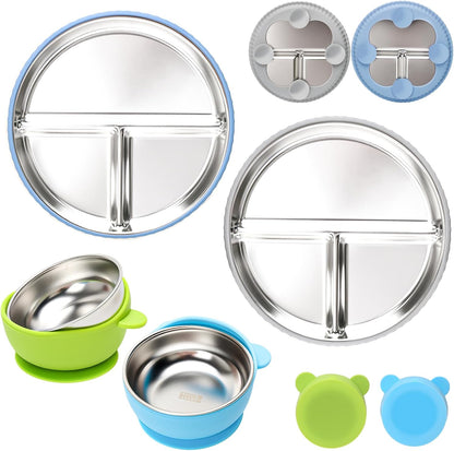 MISSLILI Stainless Steel Baby Plate and Bowls with Suction, Divided Kids Baby Plate and Toddler Bowl with Removable Silicone Suction, Non-Slip Baby Feeding Set Dishwasher Safe，4 Packs