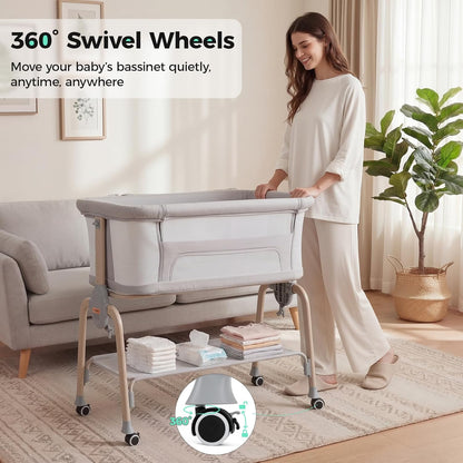 Cowiewie Bassinet Bedside Sleeper, Breathable Baby Bedside Bassinet and Mattress, Lightweight and Portable for Bedside Sleeping, Light Grey