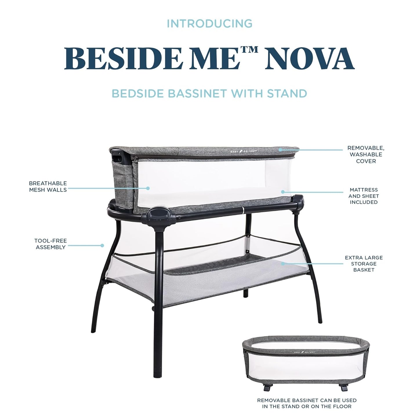 Baby Delight Beside Me Doze Deluxe Baby Bassinet, Bedside Sleeper, Foldable, Removeable Canopy, Pebble Grey