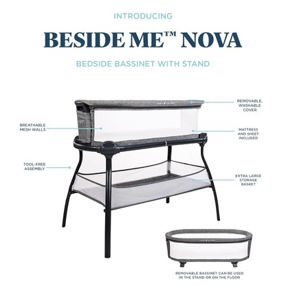 Baby Delight Beside Me Doze Deluxe Baby Bassinet, Bedside Sleeper, Foldable, Removeable Canopy, Pebble Grey
