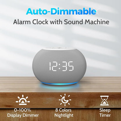 Reacher Auto-Dimmable Alarm Clock White Noise Machine with Night Light, 20 Soothing Sounds, Sleep Timer, Fabric LED Display, Precise Volume Control, Small Sound Machine for Nursery, Baby