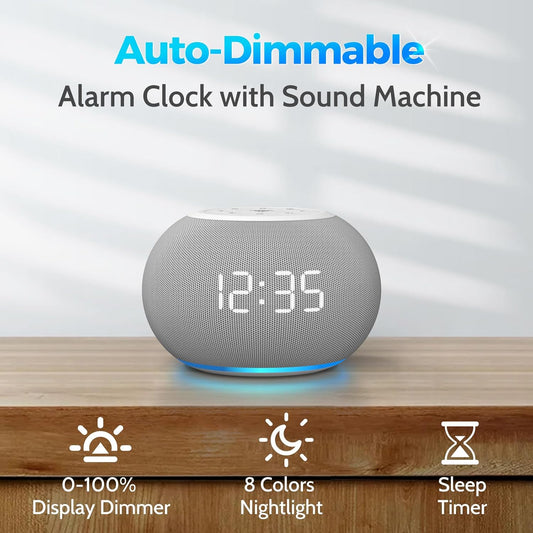Reacher Auto-Dimmable Alarm Clock White Noise Machine with Night Light, 20 Soothing Sounds, Sleep Timer, Fabric LED Display, Precise Volume Control, Small Sound Machine for Nursery, Baby