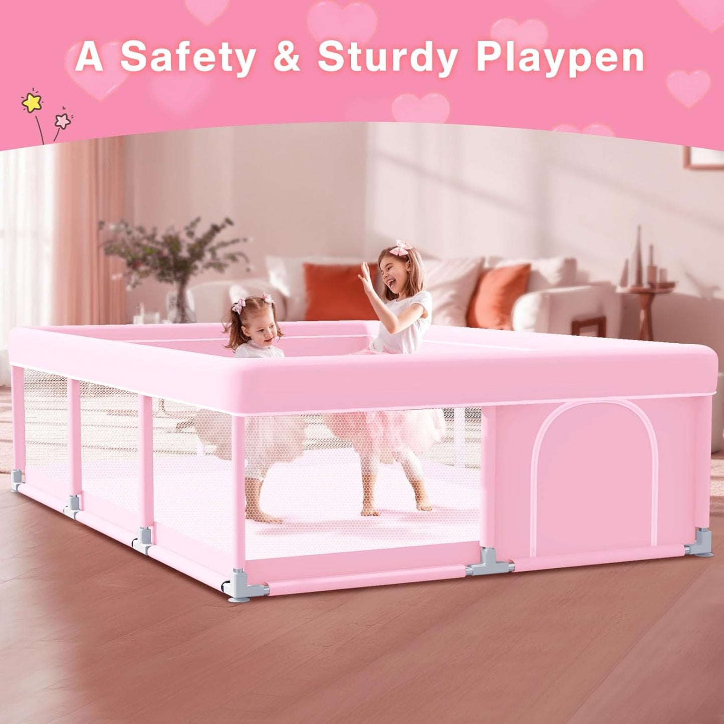 Pink Baby Playpen 50x50 Inches Playpen for Little Princess Play Yards Indoor & Outdoor Sturdy Safety Baby Girls Play Pen with Soft Breathable Mesh Toddlers Activity Center with Anti-Slip Base