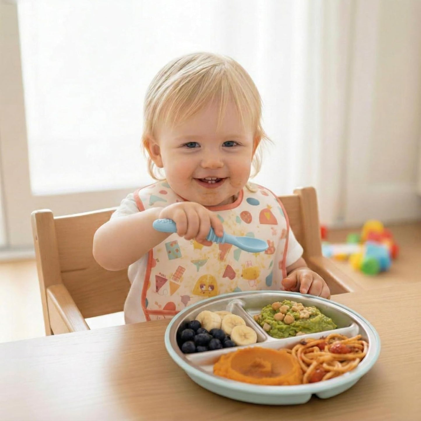 PandaEar 2 Pack Stainless Steel Baby Suction Plates & 2 Pack Spoons, Toddler Utensils Baby Feeding Set, Divided Plates for Baby Led Weaning Supplies, BPA-Free (Blue/Green)
