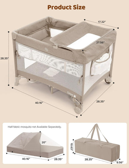 Dripex 5 in 1 Pack n Play Bedside Sleeper, 2-Level Height Baby Crib, Storage Pocket & Breathable Mesh - Foldable Portable Baby Bedside Bassinet for 0 to 12 Months (Travel/Home), Dark Grey