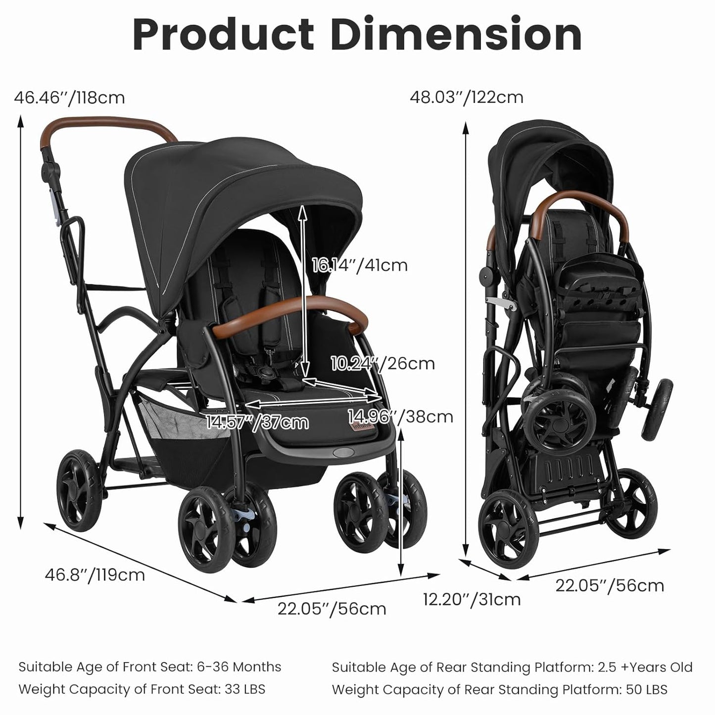 INFANS Sit and Stand Double Stroller, Foldable Tandem with Standing Platform Reclining Backrest, Adjustable Handlebar and Footrest, Storage Basket 5-Point Harnesses, Baby Pushchair for Toddlers