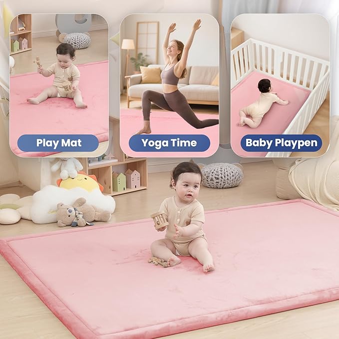 Baby Play Mat for Floor,1.3" Thick Memory Foam Tummy Time Mat,Soft Coral Velvet Nursery Rug,Extra Large Non Slip Crawling Mat for Toddlers,Infants,Kids,Yoga Mat,Tatami Mat for Living Room(Pink)