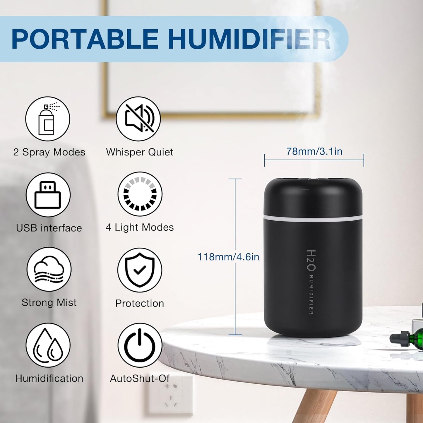 Portable Mini Humidifier, 300ml USB Cool Mist Small Humidifier with Colorful Lights. Perfect for Bedroom, Office, Plants, travel & Car (White)