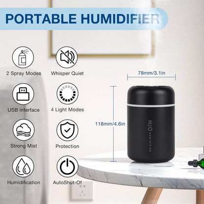 Portable Mini Humidifier, 300ml USB Cool Mist Small Humidifier with Colorful Lights. Perfect for Bedroom, Office, Plants, travel & Car (White)
