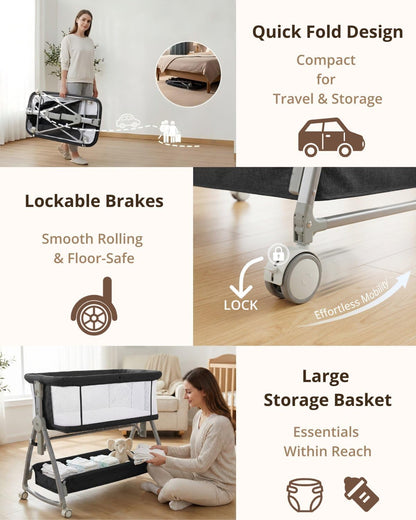 Bedside Bassinet for Baby, Sturdy 3 in 1 Bedside Sleeper with Mattress & Wheels, Height Adjustable, Breathable Mesh, Storage Basket, Easy to Assemble for Newborn, Grey