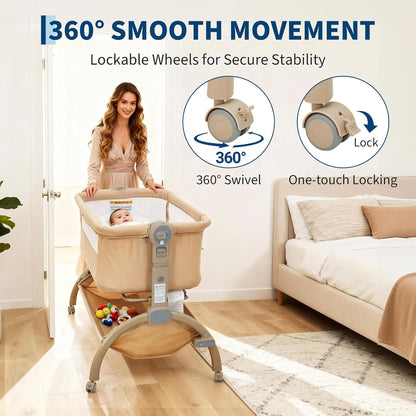 GarveeTech Bedside Bassinet Baby Bassinet for Baby, 3 in 1 Bedside Sleeper with Baby Co-Sleeper Travel Crib with Detachable Mosquito Net & Storage Basket | Adjustable Height, Wheels Included (Khaki)