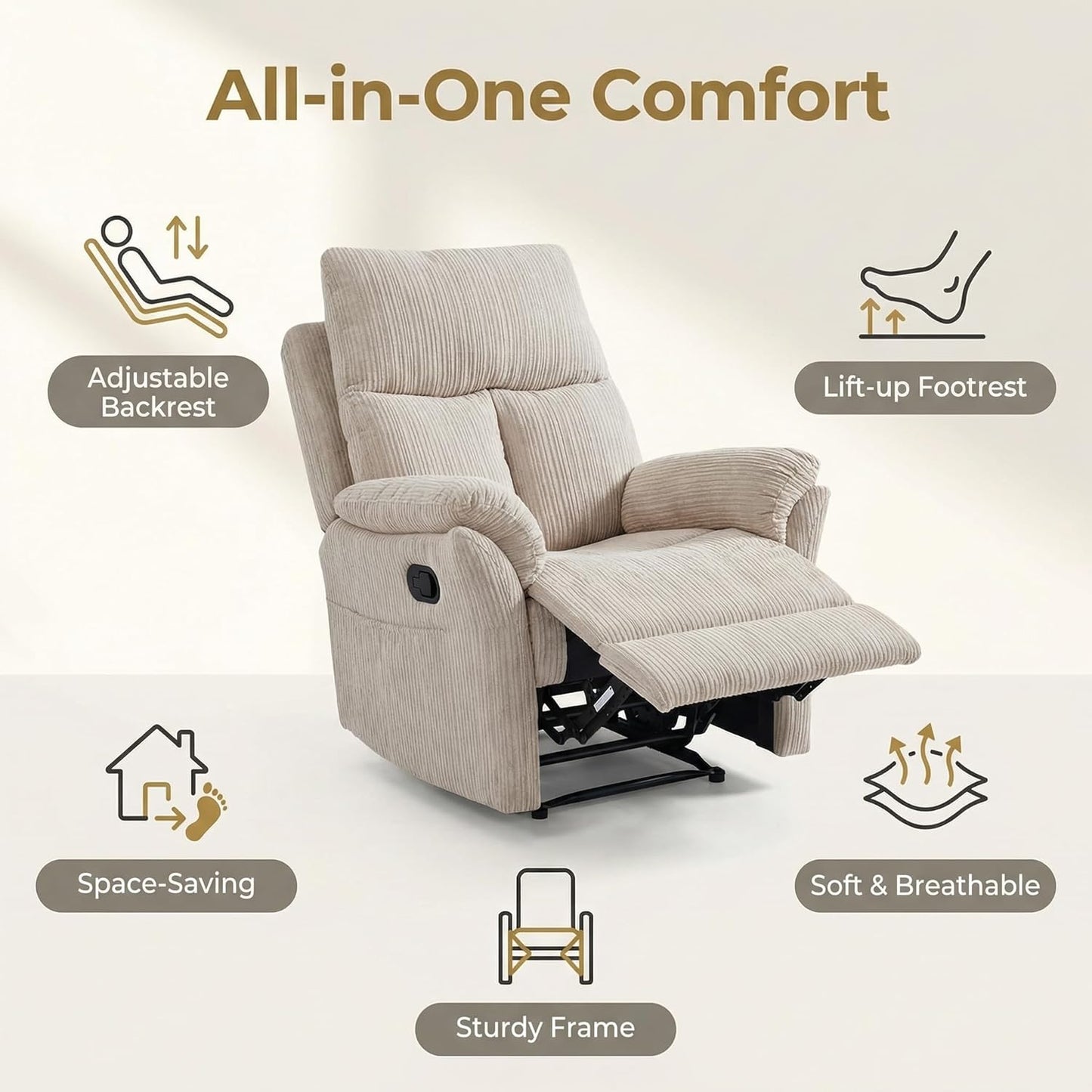 Swivel Rocker Chair, 360°Swivel Rocker Chairs with High Back Arms, Rocking Lazy Boy Chairs, Upholstered Swivels Corduroy Glider for Living Room, Bedroom, Nursing, Beige