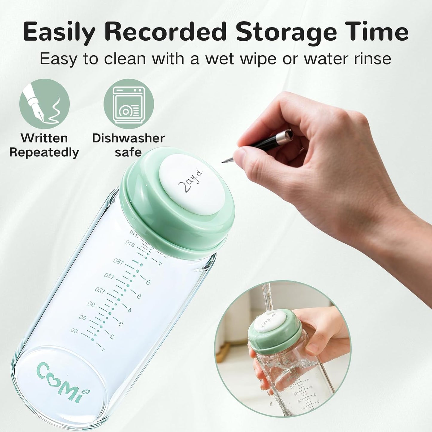 COMI Wide Neck Glass Breastmilk Collection n Storage Bottle, 4 Packs,10oz with Screw Ring Sealing Disk,Re-markable Sealing Disc,BPA Free,Fits Breast Pumps&Nipples(4 Green Lids)
