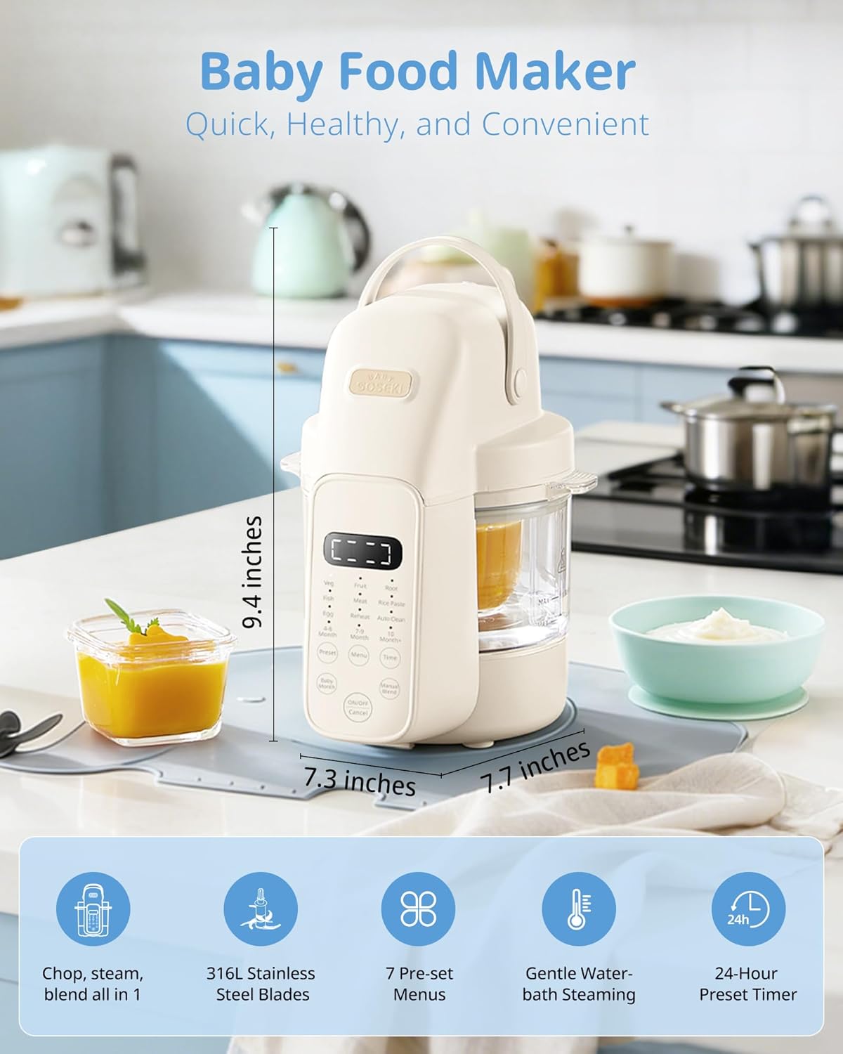 SosekiBaby FM01 Baby Food Maker, 316L Stainless Steel Blades | Puree Steamer Blender Processor With 10oz Glass Bowl | One-Step Food Mill with Recipe, 12H Keep Warm, Auto Clean, Reheat | BPA-Free