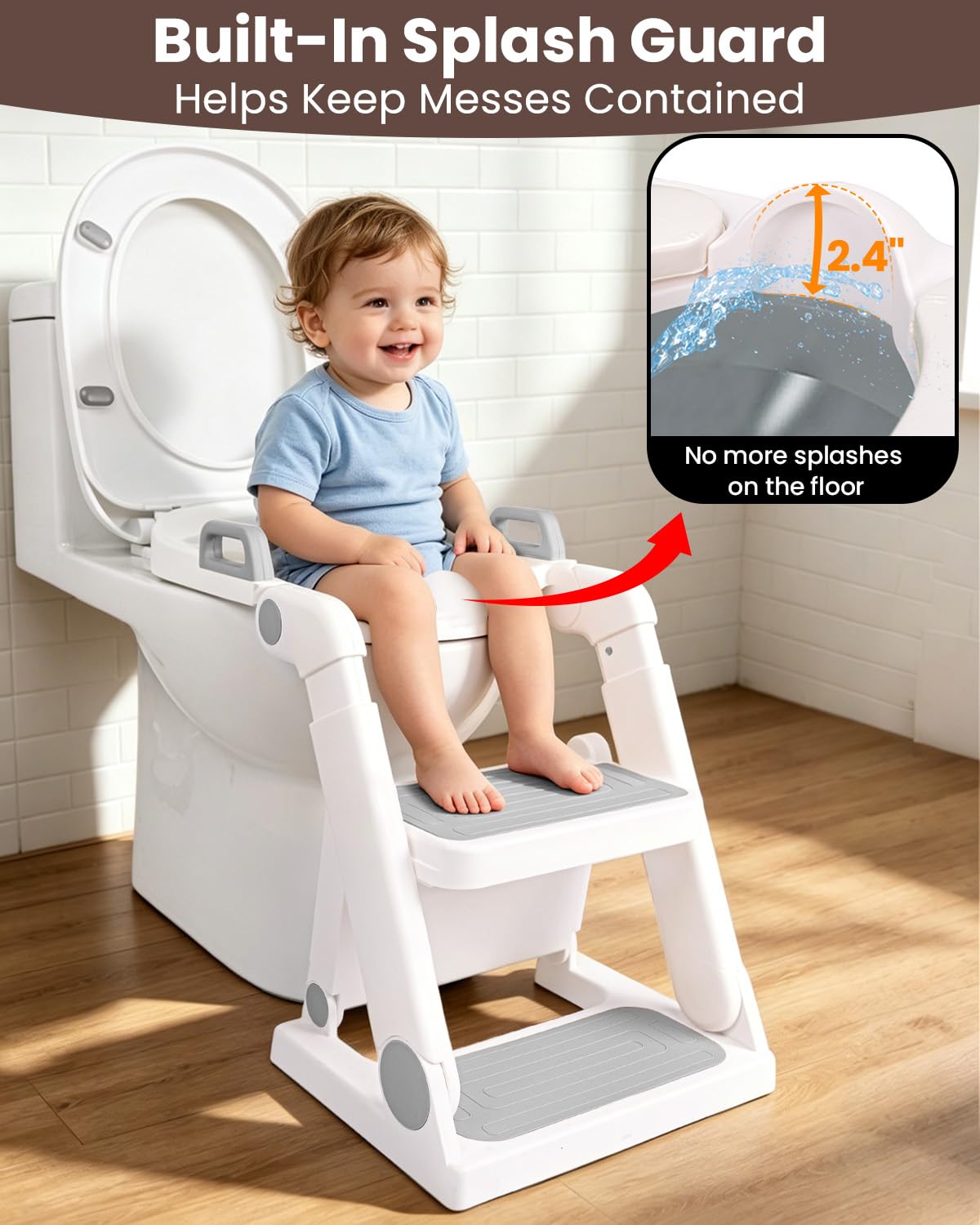 Potty Training Seat, Primlect Upgrade Ultra-Stable Toddler Toilet Seat for Kids Boys Girls, 2 in 1 Potty Training Toilet with Step Stool, Adjustable Seat and Ladder, Non-Slip Pad, Splash Guard (Grey)