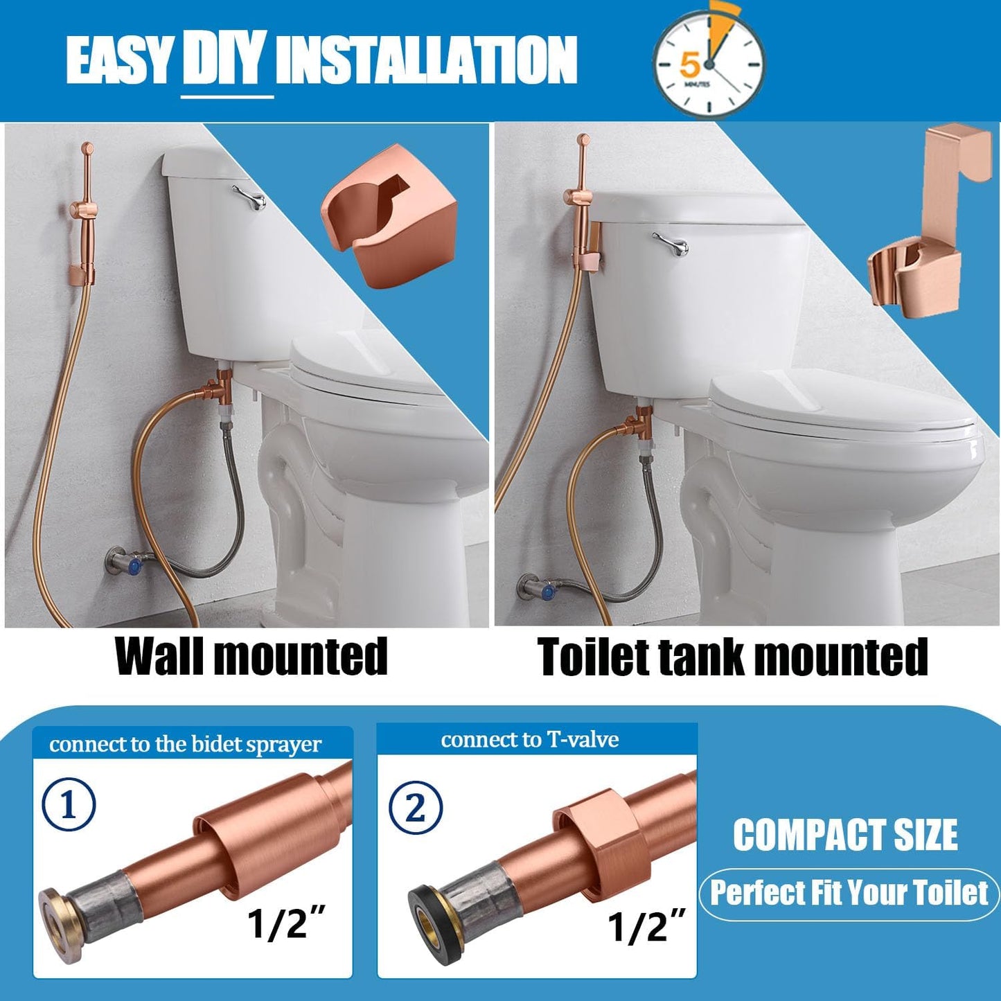 SonTiy Handheld Bidet Toilet Sprayer Kit, Rose Gold Hand Held Bidet Attachment Metal Cloth Diaper Toilet Sprayer with Backflow Preventer, Adjustable Water Jet Spray for Toilet, 7.9" Long Bidet Wand
