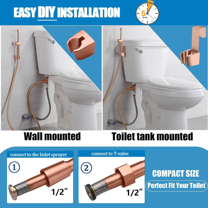 SonTiy Handheld Bidet Toilet Sprayer Kit, Rose Gold Hand Held Bidet Attachment Metal Cloth Diaper Toilet Sprayer with Backflow Preventer, Adjustable Water Jet Spray for Toilet, 7.9" Long Bidet Wand