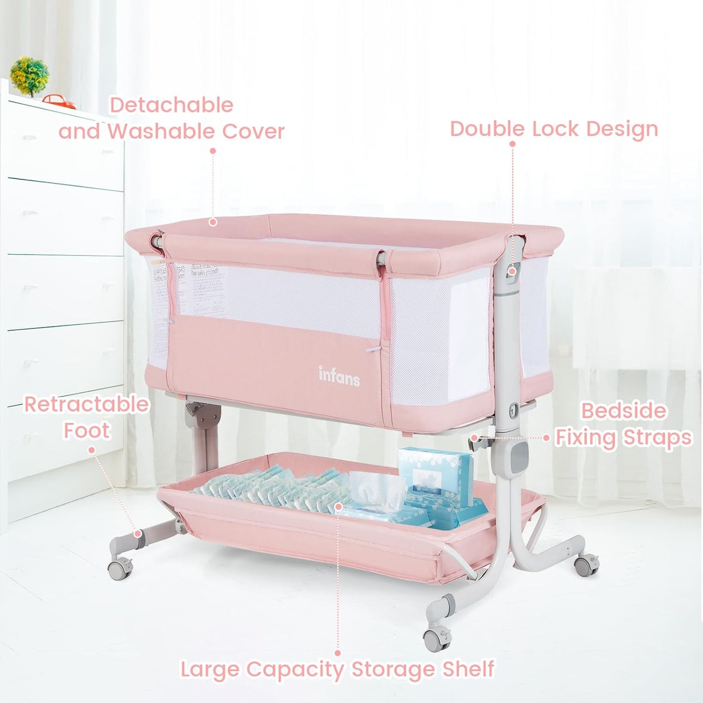 INFANS 3 in 1 Baby Bassinet, Bedside Sleeper with Comfy Mattress, Wheels, 6 Height Adjustable, Storage Basket, Travel Bag, Portable All Mesh Crib for Newborn Infant (Dark Grey)