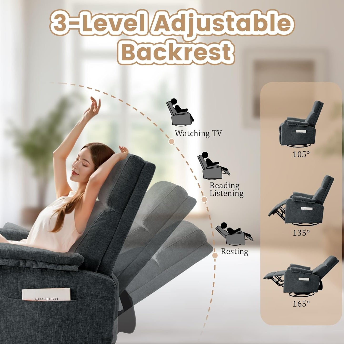 Korser Recliner Chair, Swivel Rocking Recliner Chair for Adults, Glider Rocking Chair, Small Nursery Chair Recliner for Living Room, Reclining Chair with Modern-Designed Armrests, Chenille, Beige