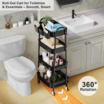 3 Tier Heavy Duty White Metal Rolling Cart with Lockable Wheels, Three Tier Roller Book Snack Cart, Utility Storage Organizer Carts for Kitchen, Bathroom, Garage, Baby Diaper, Craft, Art, Teacher