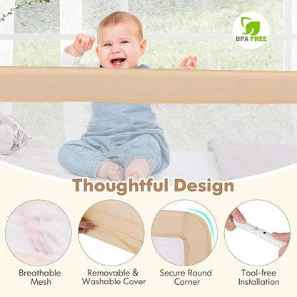 BABY JOY Bed Rails for Toddlers, 71'' Extra Long, Upgraded Swing Down Bed Guard w/Safety Strap, Folding Baby Bedrail for Kids Twin, Double, Full Size Queen & King Mattress (71-Inch, Beige)