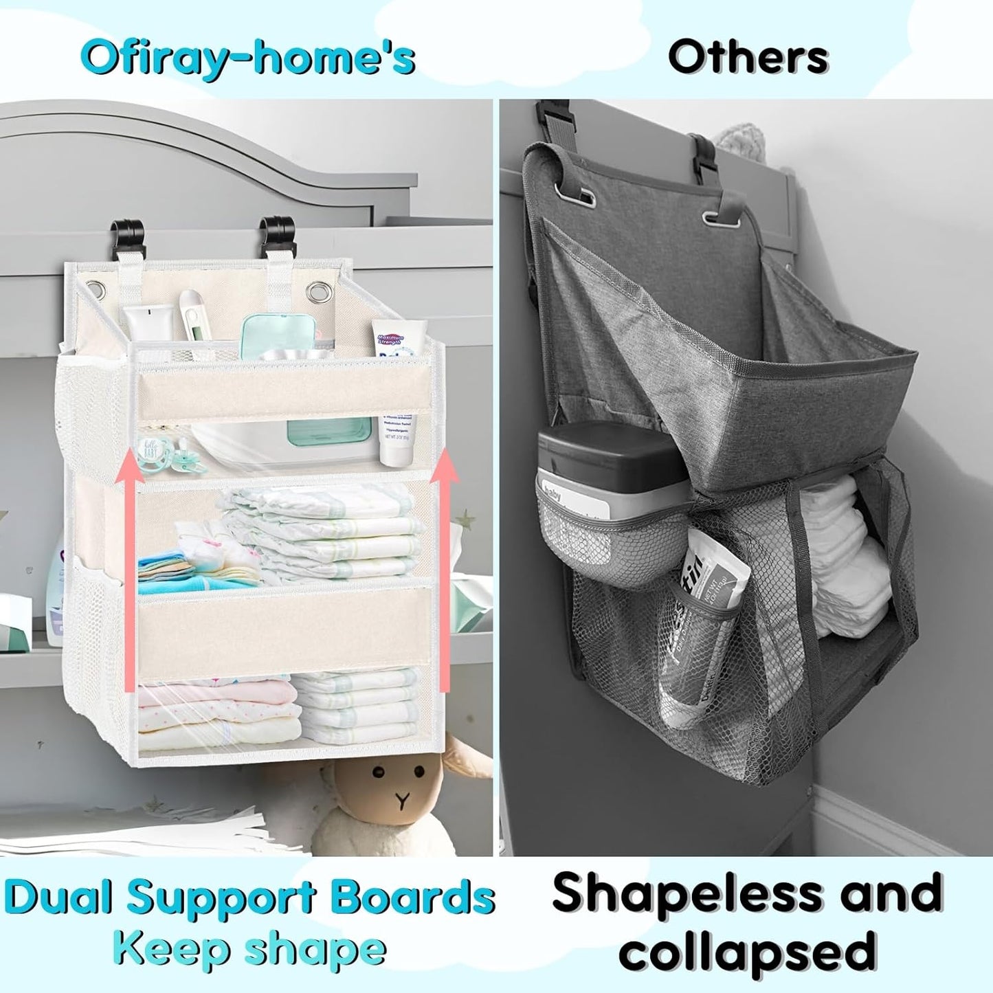 Ofiray-home Hanging Diaper Organizer for Changing Table,Cribs,Car,Playard or Wall & Nursery Organization-Durable 2-Tier Diaper Organizer with Mesh Pockets and Viewable Design, Won't Deform, Light Gray