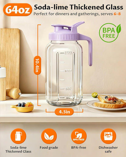 64oz Glass Breast Milk Pitcher with Lid & Pour Spout, 2 Quart Airtight Leakproof BreastMilk Fridge Storage Container - Wide Mouth, Dishwasher Safe Formula Pitcher with Handle