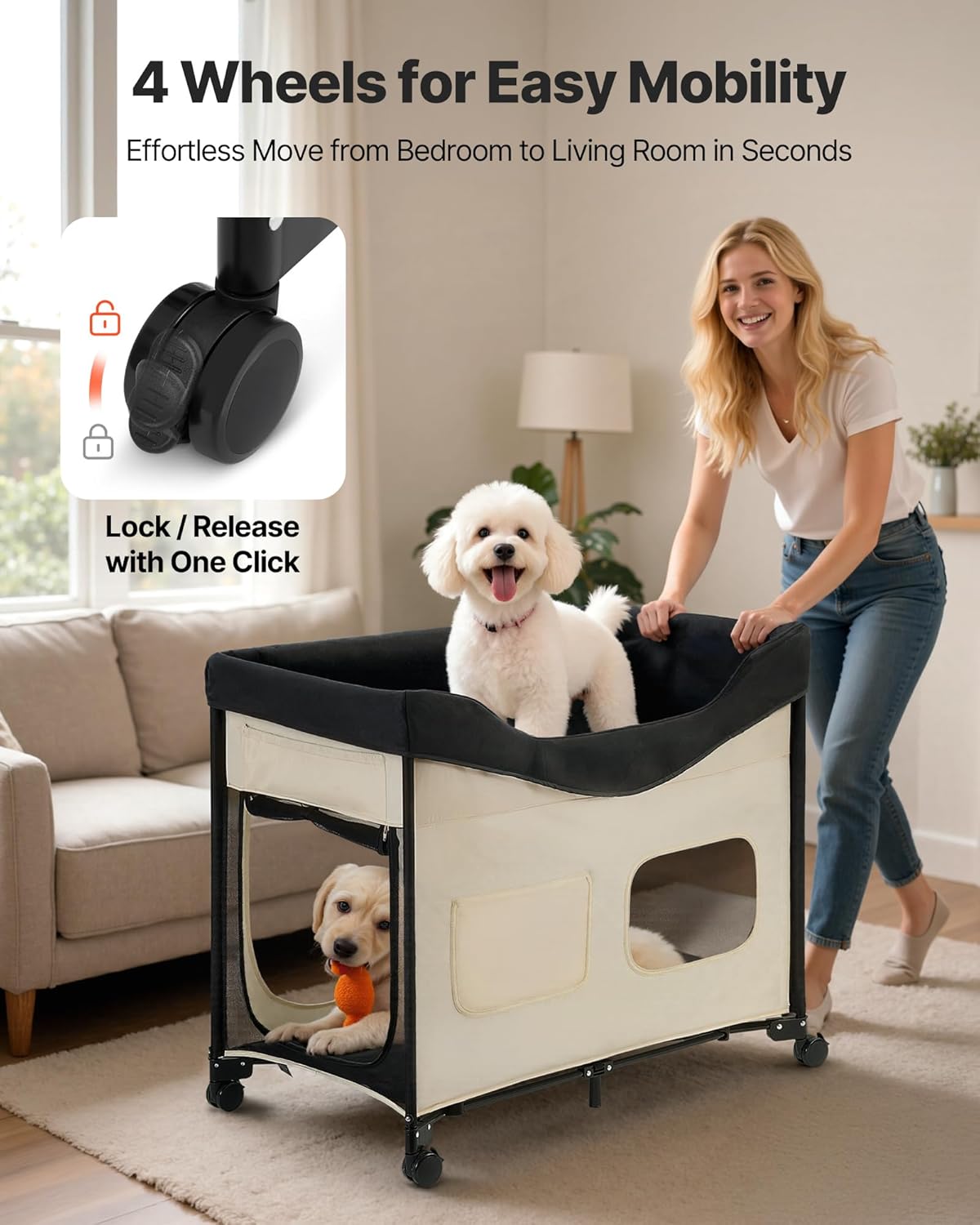 VEVOR Bedside Lounge Pet Bed, Foldable Bunk Dog Bed with 600D Oxford Cloth and Dutch Velvet, Portable Raised Cot with Wheels, Side Storage Bags, and Carry Bag for Cats & Dogs, L, Beige