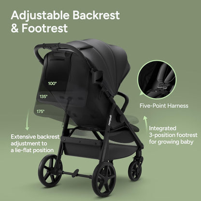 Mompush Nova Infant Baby Stroller for Newborn to Toddler, Oversized Seat up to 50 lbs, All-Terrain 10" Wheels & Suspension, One-Hand Fold; Lie-Flat Mode; UPF 50+ Canopy