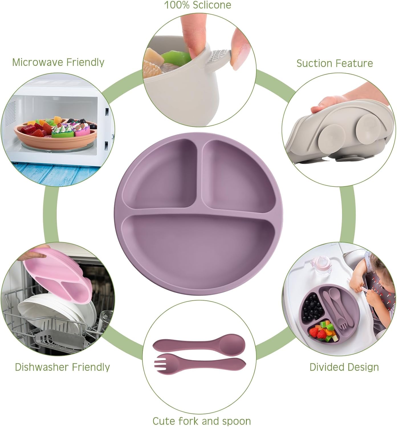 Dandat 24 Pcs Silicone Baby Feeding Set,6 Baby Toddler Suction Bowls 6 Divided Suction Plates with 6 Forks 6 Spoons, Utensils Set for Weaning Infant Feeding and Eating, 6 Styles (Elegant Color)
