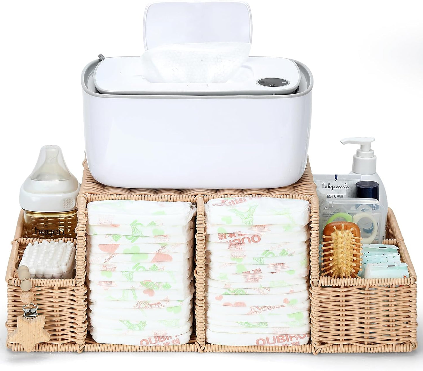 Diaper Caddy Organizer, Hand Rattan Nursery Storage Basket for Baby Essentials, Baby Changing Table Organizer Perfect Nursery Assistant (Natural Light Woven - Style 1, M)