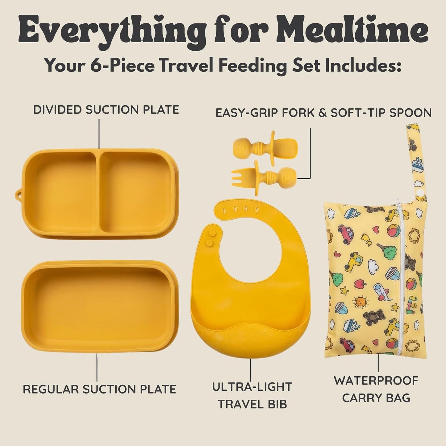 Baby Travel Essentials 6 Pc Silicone Feeding Set - Portable Toddler Plates with Suction, Baby Spoons & Foldable Bib in Carrying Case - BPA-Free Infant & Toddler Utensils for Airplanes & Eating Out