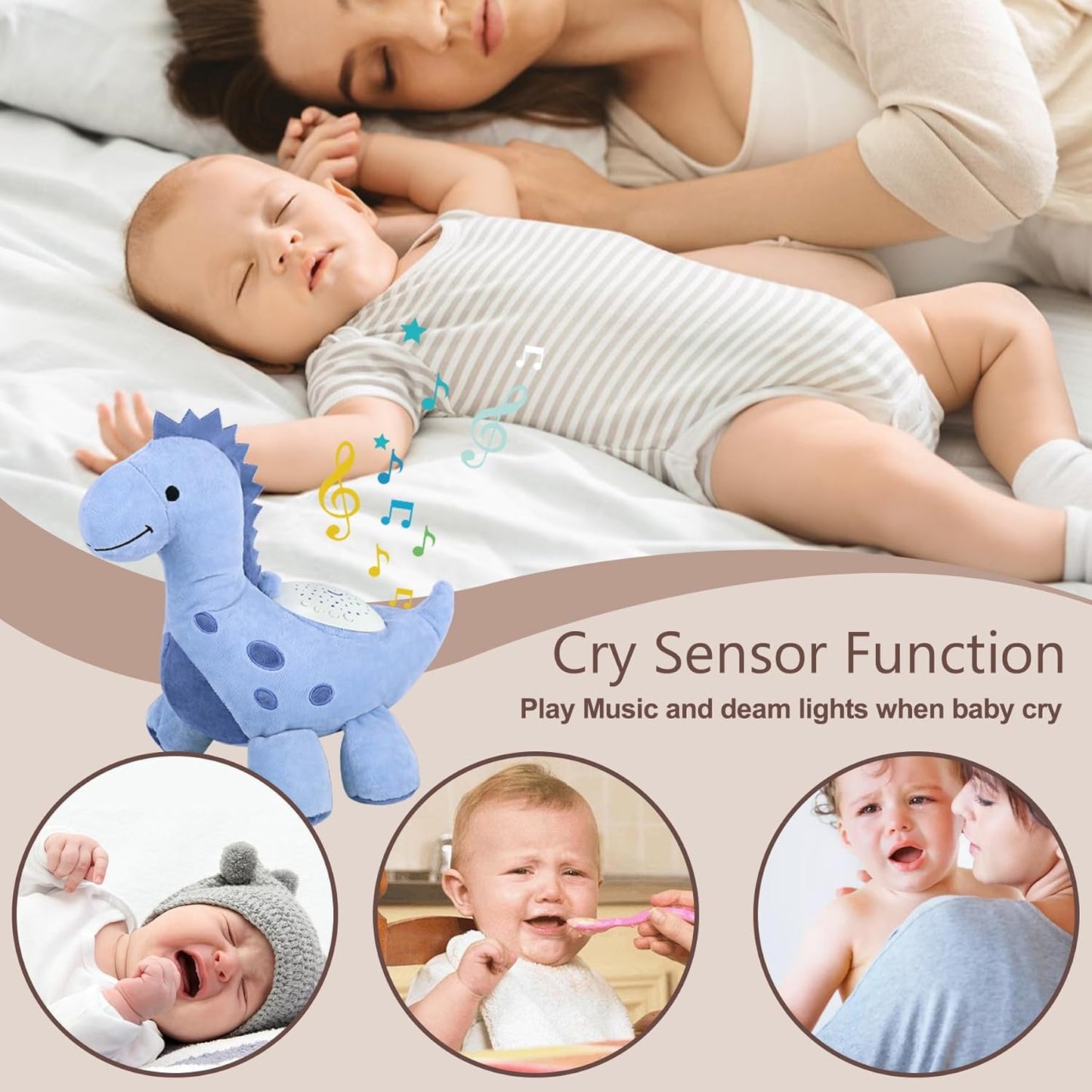 wiqins Baby Sleep Soother Cry Sensor Dinosaur Night Light Projector Baby Sound Machine Plush Stuffed Animal Toys for Boys Girls Pillow Ceiling for Toddler Lullabies & White Noise Sound