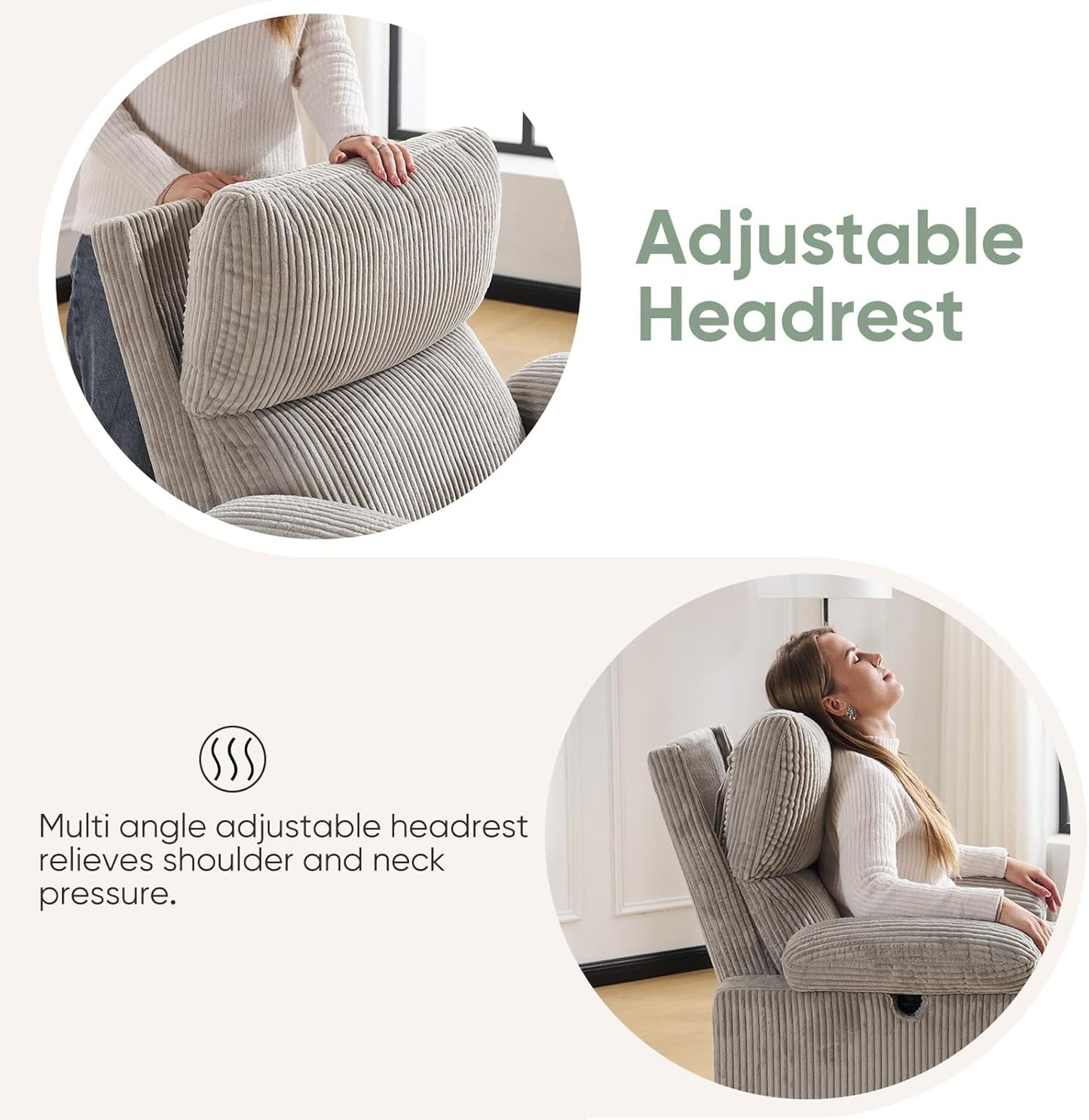 Rocking Chair Nursery with Adjustable Armrest for Breastfeeding, Glider Recliner Nursery Chair with Massage and Heat, Power Swivel Rocker Recliner with Adjustable Headrest, Corduroy, Beige