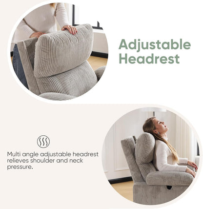 Rocking Chair Nursery with Adjustable Armrest for Breastfeeding, Glider Recliner Nursery Chair with Massage and Heat, Power Swivel Rocker Recliner with Adjustable Headrest, Corduroy, Beige